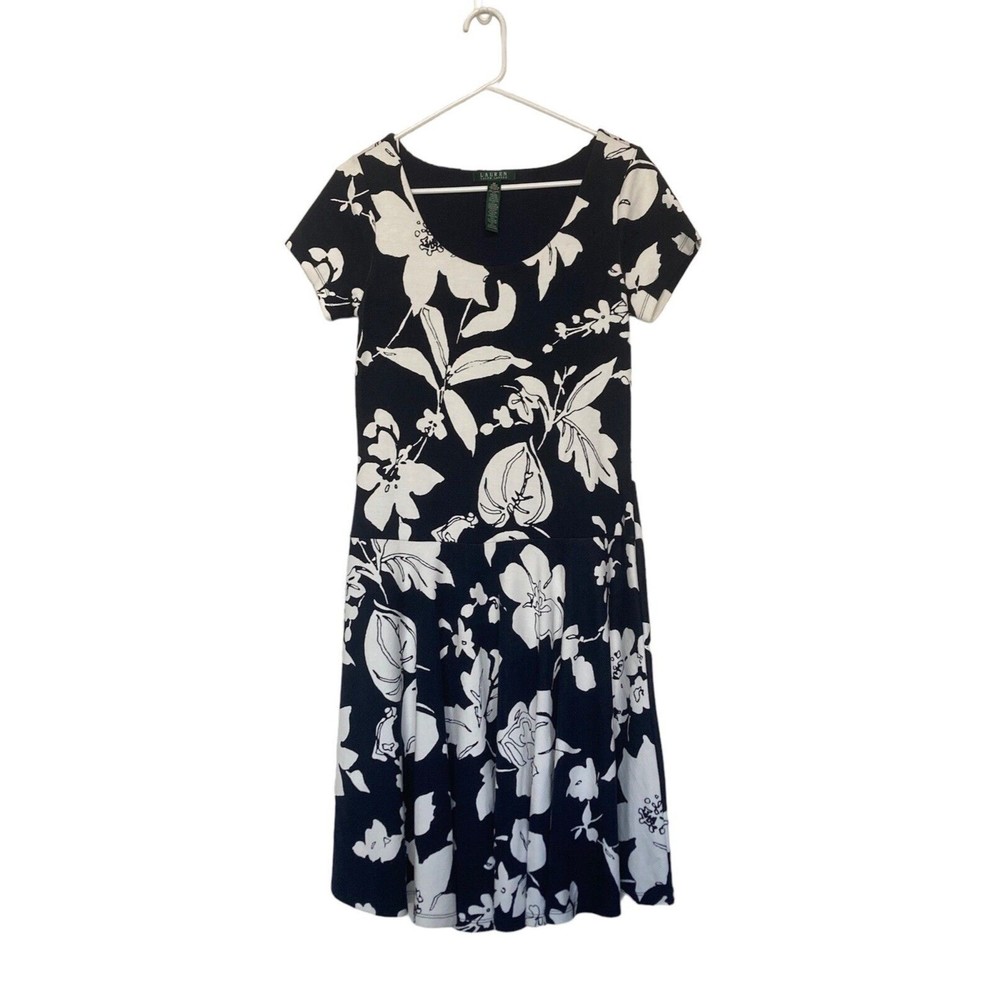 Lauren Ralph Lauren Floral Dress Womens Medium Short Sleeve Blue Navy